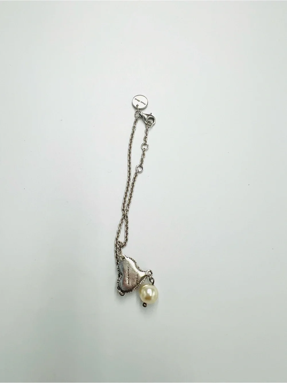 Miu Miu Crystal Faux Pearl Heart Silver Chain Bracelet - Picture 4 of 6